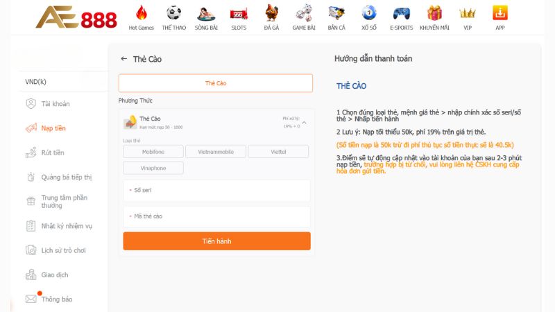 Nạp tiền vào nhà cái AE 888 qua thẻ cào điện thoại